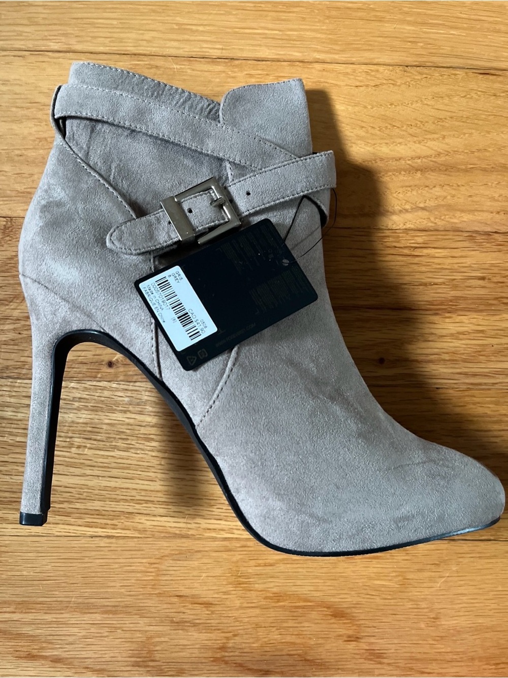 Pointed-Toe Suede Ankle Boot with Buckle Strap - Light Gray, NWT